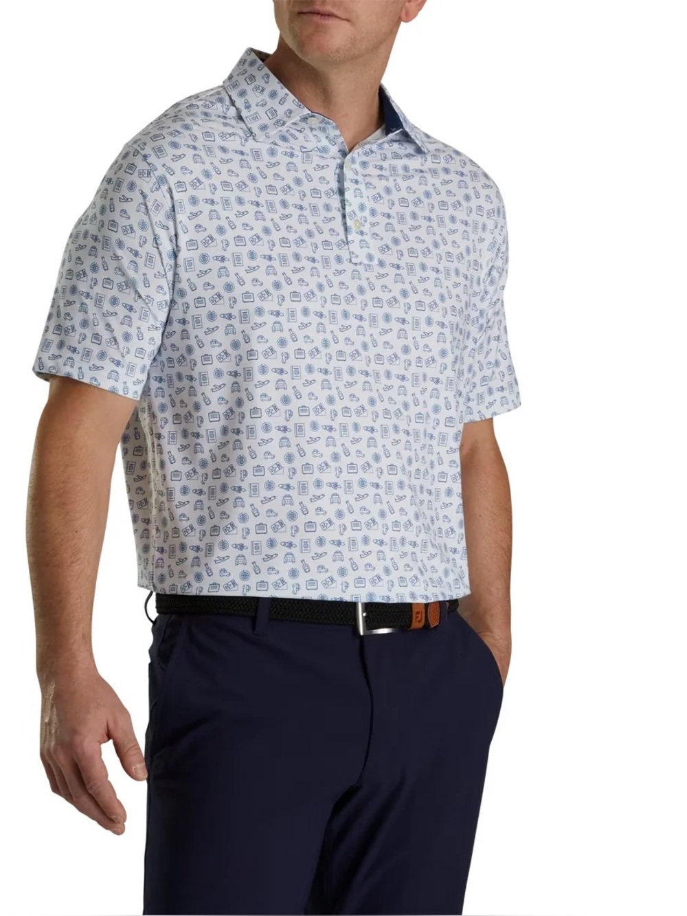 FootJoy mens M Medium white lilse travel pattern performance golf polo shirt